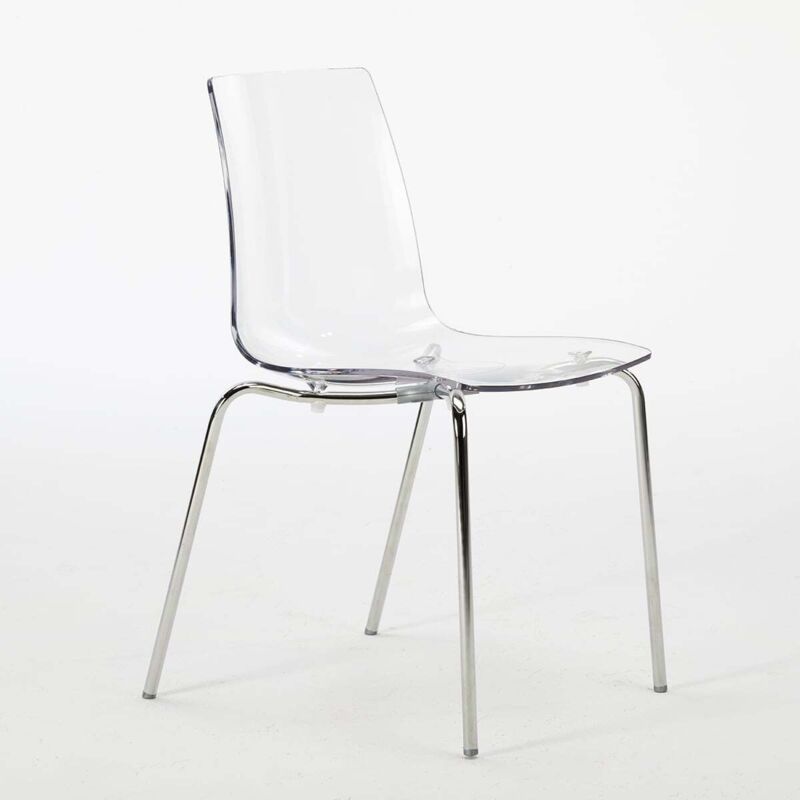 Grand Soleil – Chaise empilable en polycarbonate transparent – Pieds en acier chromé – Hauteur d'assise 43,5 cm – Pour bars et restaurants Grand Soleil – Chaise empilable en polycarbonate transparent – Pieds en acier chromé – Hauteur d'assise 43,5 cm – Pour bars et restaurants