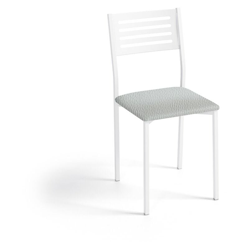 Fanmuebles - Chaise de cuisine Kati, structure blanche texturée 38 x 86 x 47 cm Revêtement : Similicuir argenté