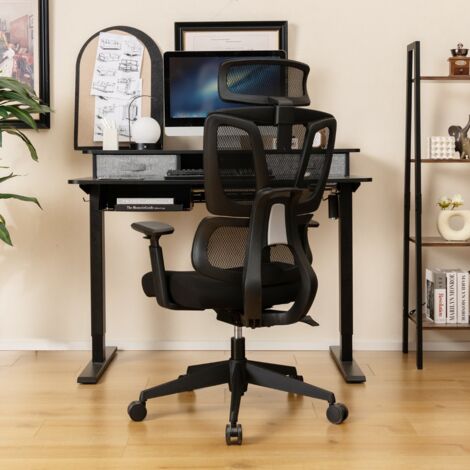 Chaise de Direction Chaise de Bureau et Réglable en Hauteur Dossier en Maille Respirante Support Lombaire Appui-tête et Accoudoirs Noir CW86336