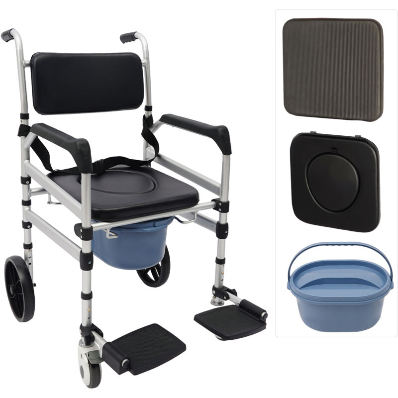 Chaise de douche à roulettes en alliage d'aluminium 4 en 1 pliable et réglable en hauteur, chaise de douche robuste à roulettes avec grand siège de