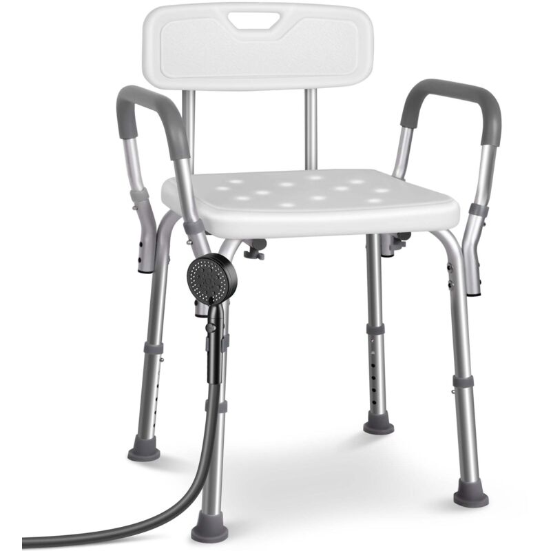 VOUNOT® Chaise de douche avec dossier et accoudoirs - Hauteur réglable - Pieds antidérapants - Siège en Aluminum HDPE - Blanc