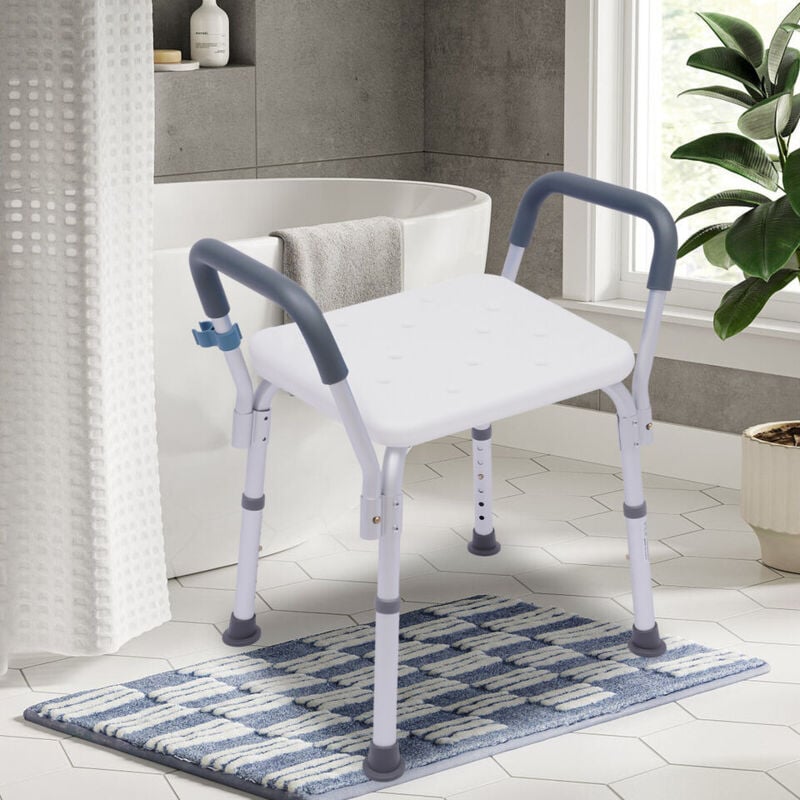 Chaise de douche avec accoudoirs, hauteur réglable Tabouret de bain avec support de hauteur amovible, 150 kg, pour personnes âgées, femmes enceintes,