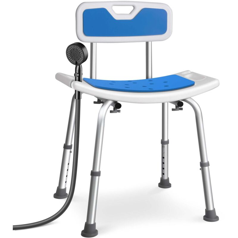 VOUNOT® Chaise de douche avec dossier ergonomique - Hauteur réglable - Pieds antidérapants - Siège en Aluminum HDPE - Bleu
