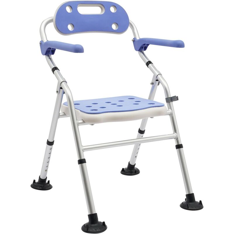 Chaise de douche avec dossier et accoudoirs, tabouret de douche antidérapant, réglable en hauteur, siège de douche pliable avec fonction ventouse,