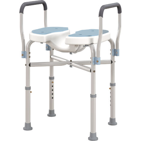 Chaise de douche bleue anti-dérapante, siège en U avec accoudoirs, réglable en hauteur 53x36x64-75 cm