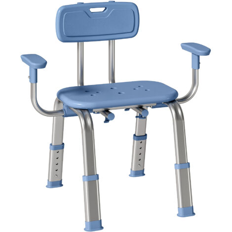 Chaise de douche ergonomique bleue avec accoudoirs, dossier réglable, tabouret de douche ajustable en hauteur, siège confortable pour salle de bain, assise sécurisée et pratique.