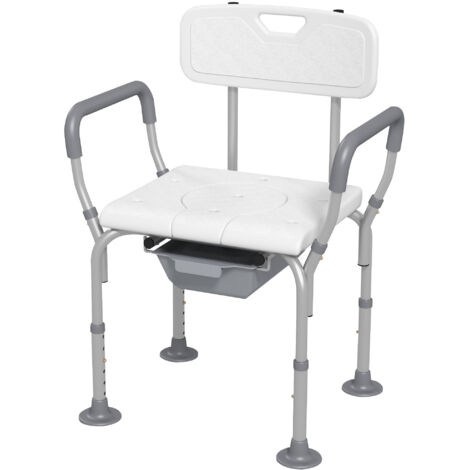 Chaise de douche percée réglable en hauteur avec seau, pieds antidérapants, charge max 136 kg, aluminium HDPE blanc