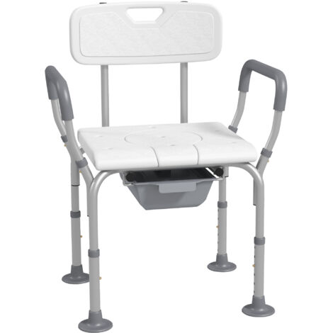 Chaise de douche percée réglable, siège WC avec seau, pieds antidérapants, charge max 136 kg, aluminium HDPE blanc, confort et sécurité garantis.