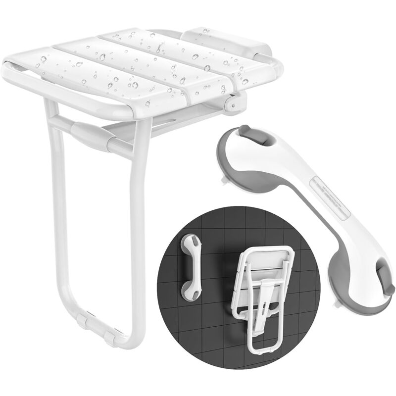 Chaise de douche pliante et banc, siège de douche mural robuste avec pieds et barre d'appui à succion - capacité de 500lbs pour les personnes âgées,