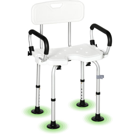 Chaise de douche pour personnes âgées et handicapées, tabouret de douche réglable en hauteur avec dossier et accoudoirs rembourrés rabattables, pieds à ventouses, blanc