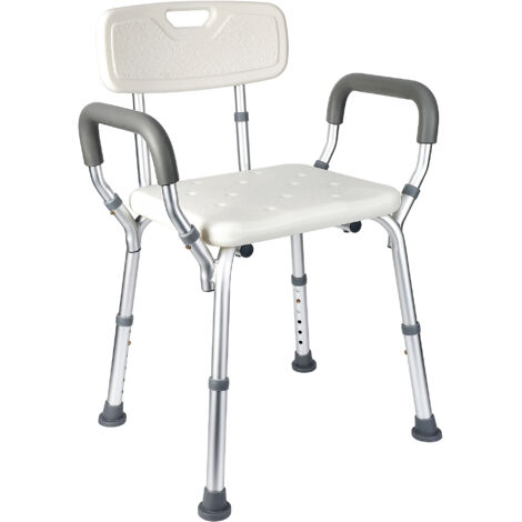 Chaise de douche siège de douche ergonomique hauteur réglable pieds antidérapants dossier accoudoirs amovibles charge max. 136 Kg alu HDPE blanc