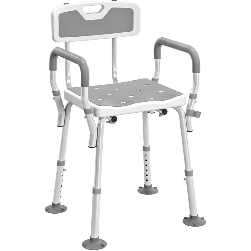 Tabouret de douche - HOMCOM - ergonomique - hauteur réglable - pieds antidérapants - charge max. 136 Kg - alu HDPE - blanc et gris