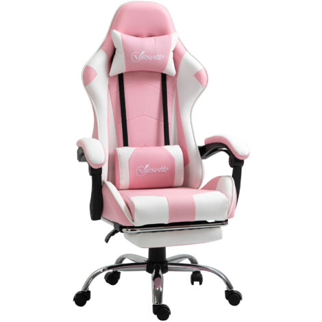 Chaise de gaming Chaise d’ordinateur Chaise ergonomique de bureau avec appuie-tête Coussin lombaire Hauteur réglable à 360° Rose + blanc