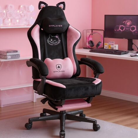 Chaise de Gaming Ergonomique en Velours avec Oreilles de Chat, Mousse à mémoire de Forme et Repose-Pieds, 150 kg, Rose