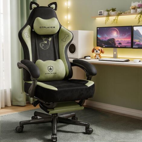 Chaise de Gaming Ergonomique en Velours avec Oreilles de Chat, Mousse à mémoire de Forme et Repose-Pieds, 150 kg, Vert