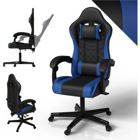Chaise de gaming Juskys HyperSeat, réglable en hauteur, fauteuil de bureau pivotant, ergonomique, dossier réglable, en PVC simili cuir, capacité 120 kg – Noir/bleu