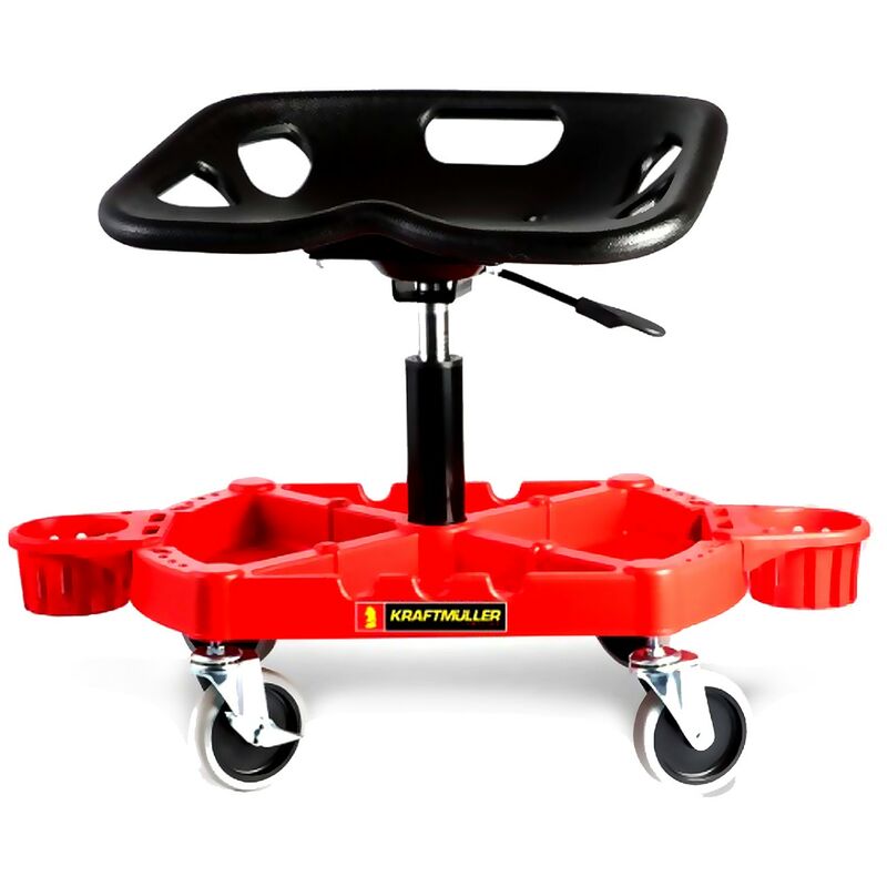 Chaise de garagiste, Tabouret Kraft Muller, pivotant sur roulettes, supports de rangements pour bidons, outils, Charg Max. 150Kg