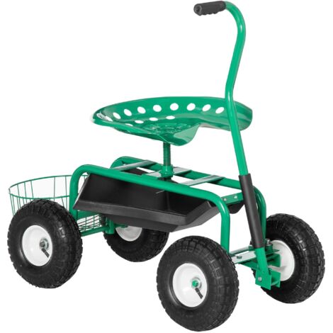 Chaise de jardin à roulettes, pivotante, réglable en hauteur, équipée d'un plateau à outils et d'un panier, adaptée aux espaces verts extérieurs.