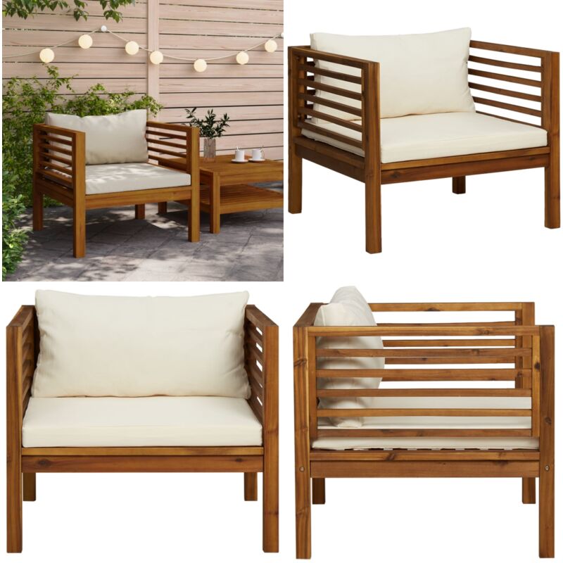 Chaise de jardin avec coussins blanc crème Bois d'acacia massif - Chaise De Jardin - Mobilier De Jardin - Chaise En Bois - Fauteuil De Jardin