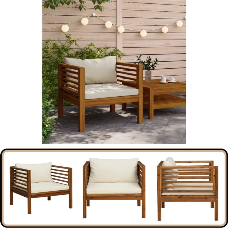 Chaise de jardin avec coussins blanc crème Bois d'acacia massif - Chaise De Jardin - Mobilier De Jardin - Chaise En Bois - Fauteuil De Jardin