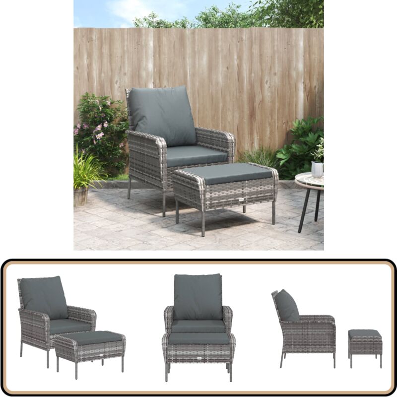 Chaise de jardin avec tabouret gris résine tressée - Chaise De Jardin - Fauteuil De Jardin - Mobilier De Jardin - Table Basse - Décoration Extérieure