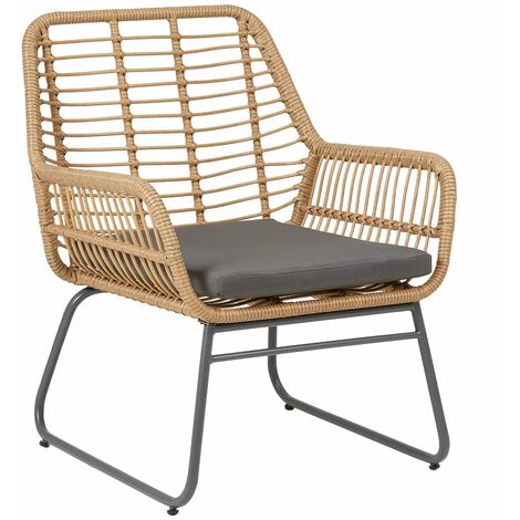 Chaise de jardin BOREAL fauteuil d'extérieur ou d'intérieur en imitation rotin, piètement en acier noir, avec 1 coussin - Brun