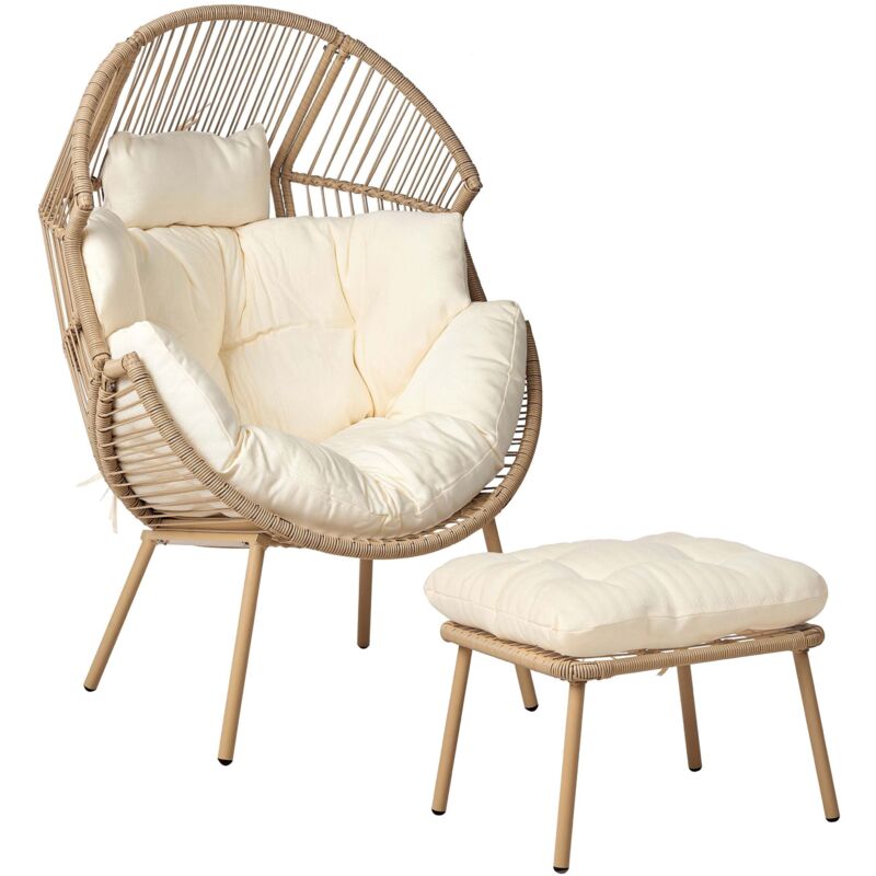 Chaise de Jardin avec Pouf Repose-Pieds Intérieur Extérieur en Polyrotin Beige Naturel avec Coussins Blanc Murano