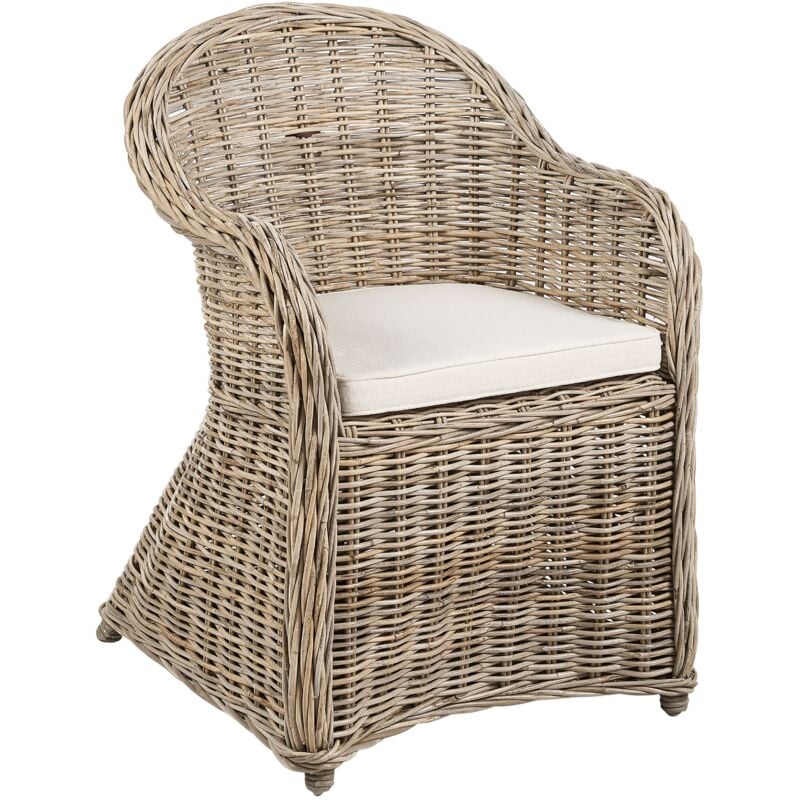 Chaise de Jardin en Rotin Naturel Fauteuil avec Coussin Beige Clair Intérieur Extérieur Susua II