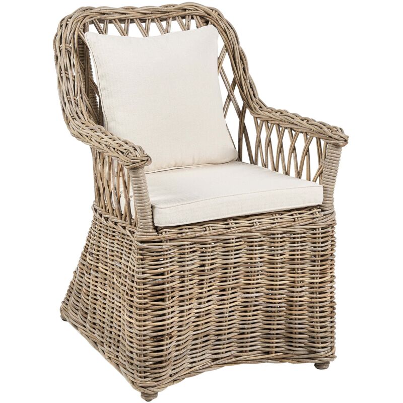 Chaise de Jardin en Rotin Naturel Fauteuil avec Coussin Beige Clair Maros II