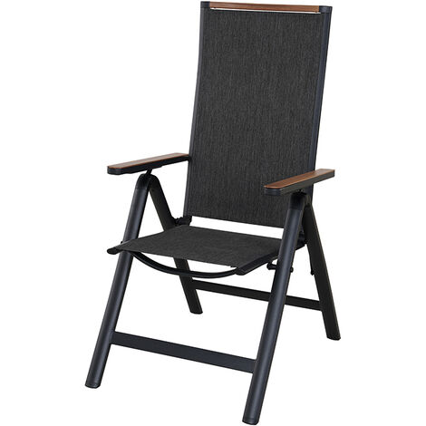Chaise de jardin pliante en aluminium noir – Accoudoirs solides – Réglable 6 positions – Charge 150 kg – Utilisation intérieure et extérieure