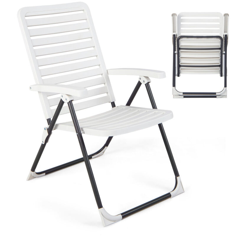 Helloshop26 - Chaise de jardin pliante en pp avec dossier réglable à 7 niveaux fauteuil d'extérieur avec cadre métal pour plage piscine blanc - Blanc