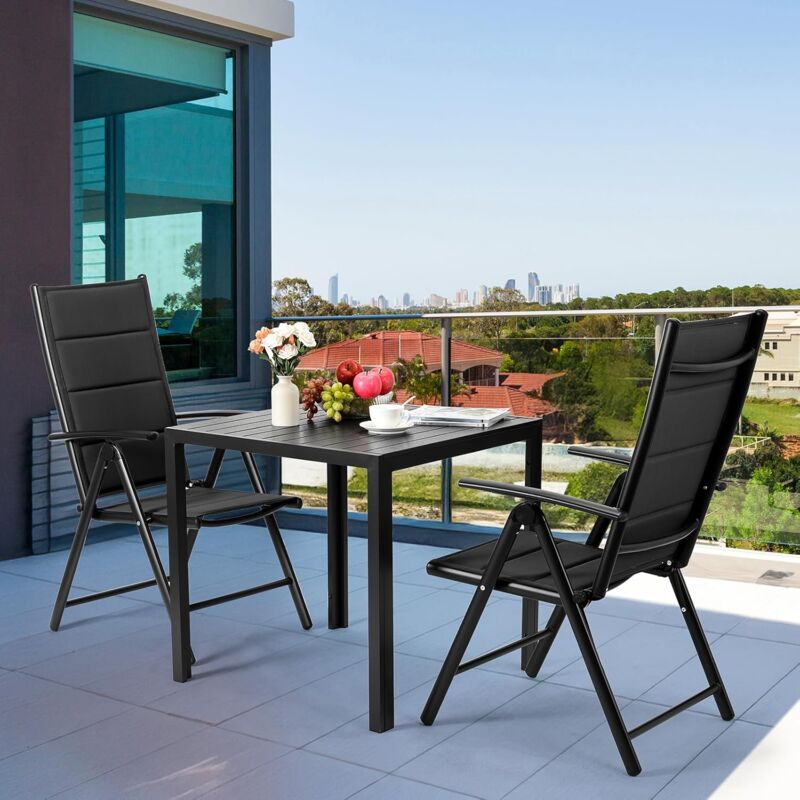 Chaise de jardin pliante,set de 2 chaises en aluminium pour balcon,jusqu'à 120 kg,avec dossier et siège matelassés,7 positions réglables- Noir