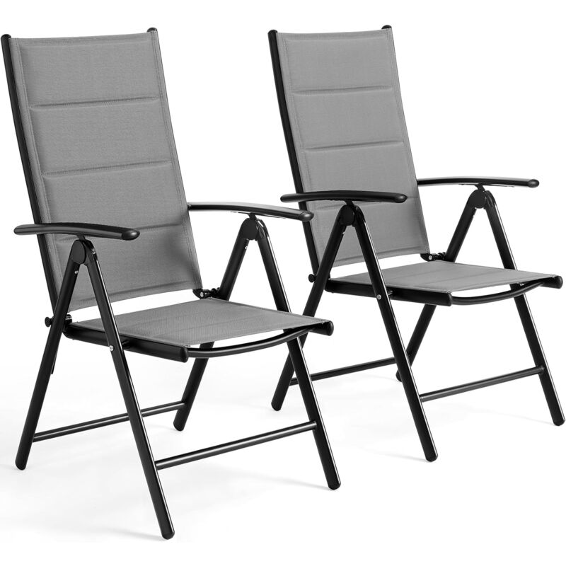 Chaise de jardin pliante,set de 2 chaises en aluminium pour balcon,jusqu'à 120 kg,avec dossier et siège matelassés,7 positions réglables- Gris