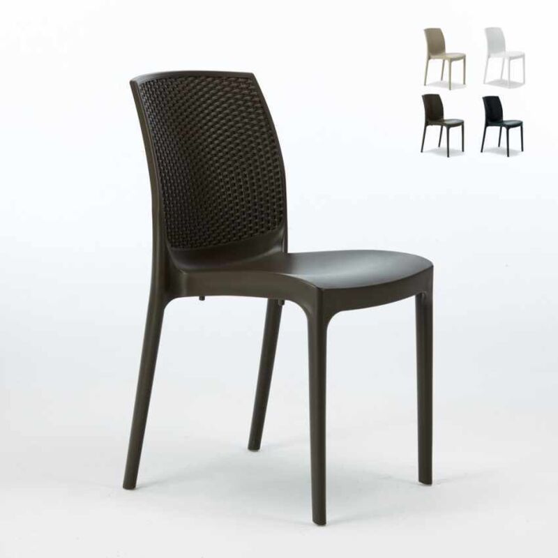 Grand Soleil – Chaise de jardin empilable en poly-rotin marron – Structure robuste pour cafés et espaces publics – Dimensions 56x46x84 cm