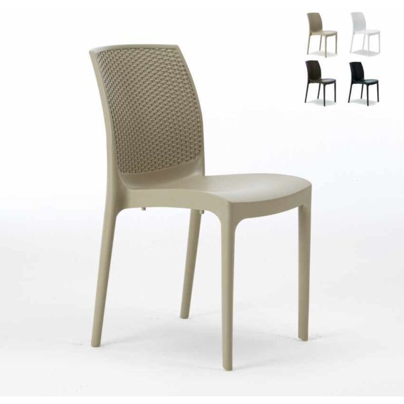 Grand Soleil – Chaise de jardin empilable en poly-rotin beige – Structure robuste pour cafés et espaces publics – Dimensions 56x46x84 cm