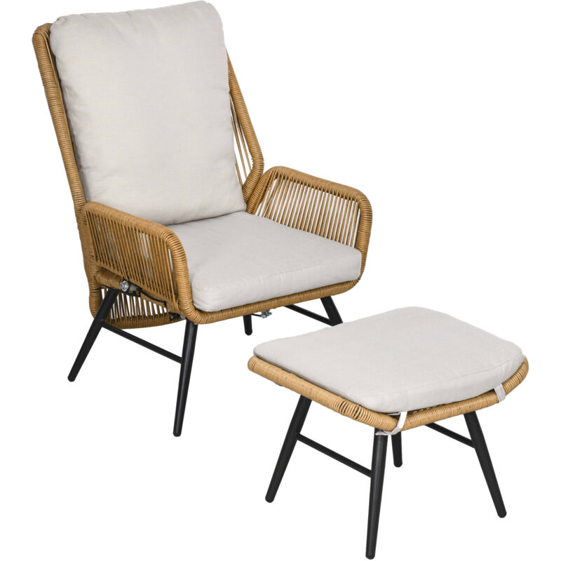 Chaise de jardin polyrotin avec repose-pieds, dossier inclinable, couleur beige/gris/noir
