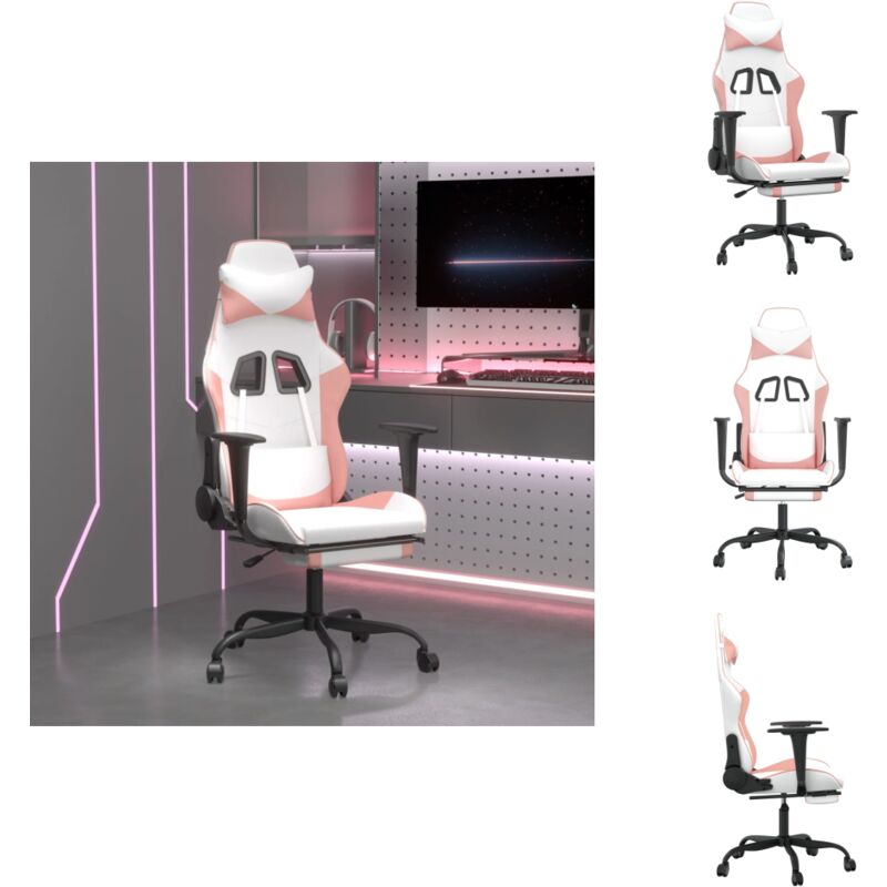 Chaise de jeu avec repose-pied Blanc et rose Similicuir - Chaises Gaming - Chaise Gamer - Fauteuil Gaming - Trône Gaming - Chaise Bureau