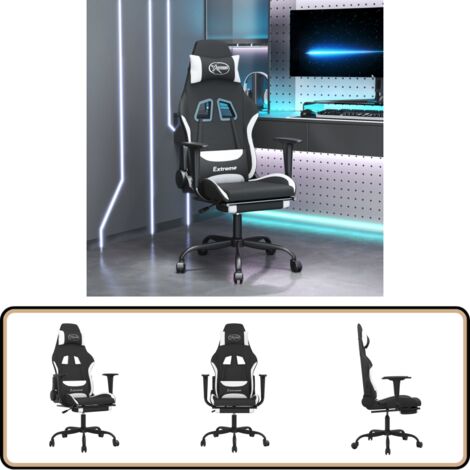 Chaise de jeu avec repose-pied Noir et blanc Tissu - Chaises De Gaming - Chaise Gamer - Fauteuil De Jeu - Bureau Ergonomique - Chaise Réglable