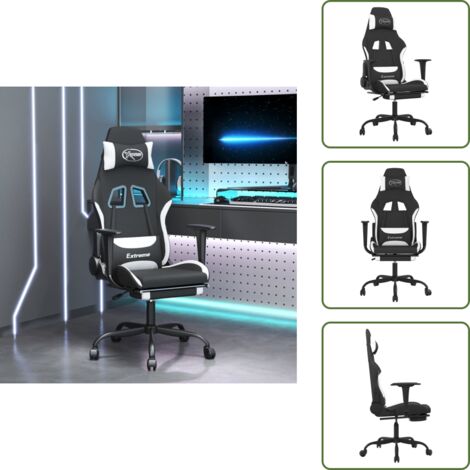 Chaise de jeu avec repose-pied Noir et blanc Tissu - Chaises De Gaming - Chaise Gamer - Fauteuil De Jeu - Bureau Ergonomique - Chaise Réglable