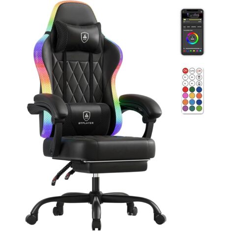 Chaise de jeu, chaise de bureau, chaise de jeu avec barre lumineuse LED, chaise gamer, dossier avec sac de rangement, chaise ergonomique en polycarbonate avec télécommande