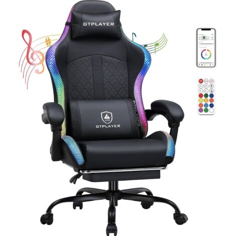 Chaise de jeu, chaise de bureau, chaise de jeu avec haut-parleur et barre lumineuse, chaise gamer, dossier avec sac de rangement, chaise ergonomique en polycarbonate avec télécommande