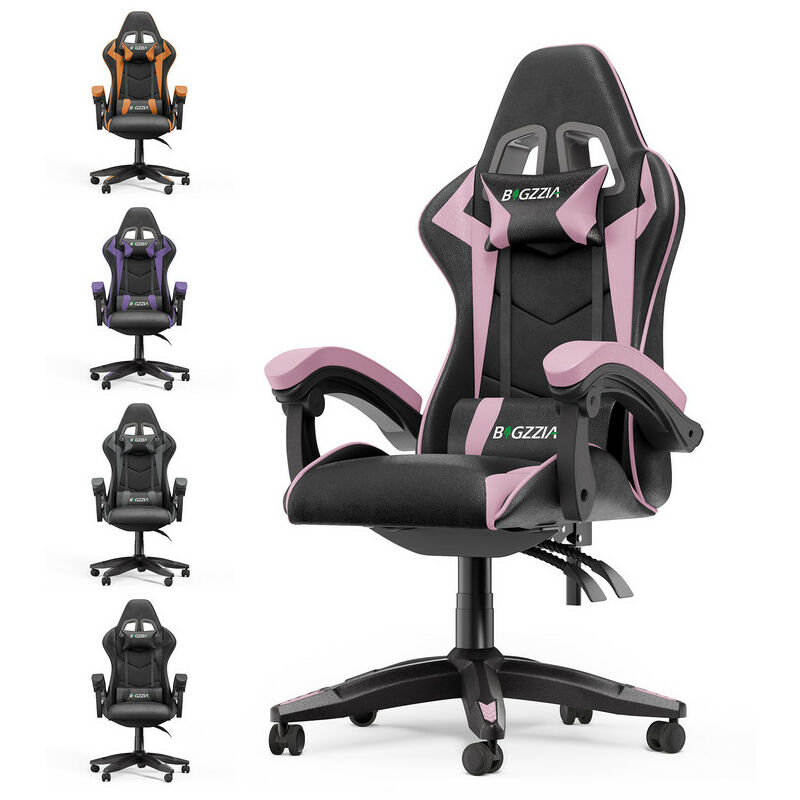 Fauteuil Gamer Bigzzia Chaise Gaming Ergonomique - Siège Gamer avec appui-tête et oreiller lombaires - Inclinable 90 °-155 ° -Noir et Rose
