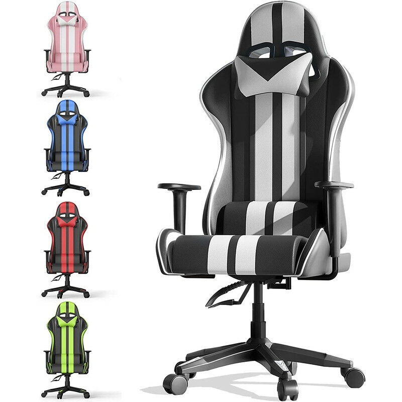 Fauteuil de bureau Chaise Gamer Chaises de bureau à haut dossier avec coussin et dossier inclinable Noir et Blanc Bigzzia