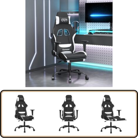 Chaise de jeu de massage avec repose-pied Noir et blanc Tissu - Chaises De Gaming - Chaise Gamer - Fauteuil De Jeu - Bureau Ergonomique - Chaise De Bureau Réglable