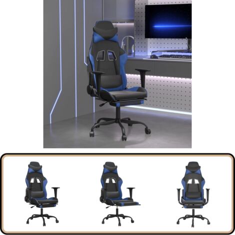 Chaise de jeu de massage et repose-pied Noir et bleu Similicuir - Chaise De Jeu - Chaise Gamer - Chaise Ergonomique - Chaise De Bureau - Massage Lombaire