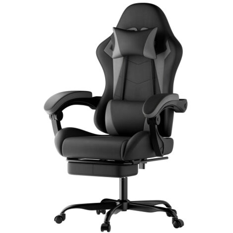 Chaise de jeu ergonomique avec soutien lombaire et appui-tête, chaise de jeu réglable en hauteur, chaise PC pour adultes, filles et garçons, noir/gris