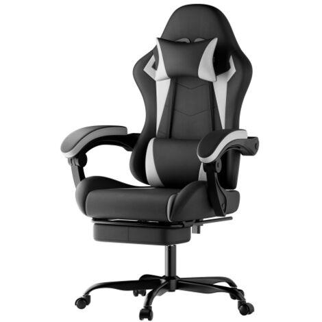 Chaise de jeu ergonomique avec soutien lombaire et appui-tête, réglable en hauteur, pour adultes, filles et garçons, noir et blanc