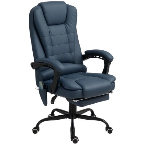 Chaise de massage, 7 points de vibration. Appuie-tête et dossier réglables. Capacité jusqu’à 120 kg. Finition en cuir bleu.