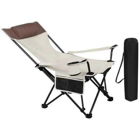 Chaise de pêche pliante, chaise de camping légère, transat de relaxation extérieur, avec appui-tête, porte-gobelet et sac de rangement, usage randonnée, pique-nique et plage, 101 × 83 × 70 cm, beige