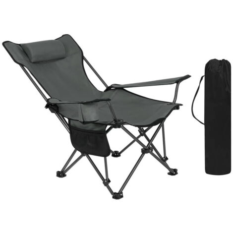 Chaise de pêche pliante, chaise de camping légère, transat de relaxation extérieur, avec appui-tête, porte-gobelet et sac de rangement, usage randonnée, pique-nique et plage, 101 × 83 × 70 cm, gris